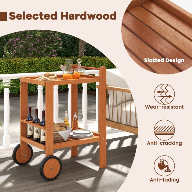 Indoor Outdoor Wood Bar Cart with Wine Bottle Holders and 2 Rubber Wheels - TidySpaces