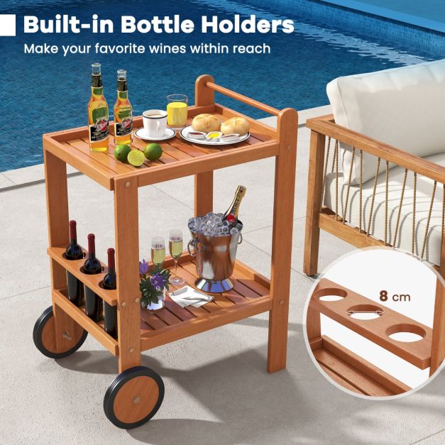 Indoor Outdoor Wood Bar Cart with Wine Bottle Holders and 2 Rubber Wheels - TidySpaces