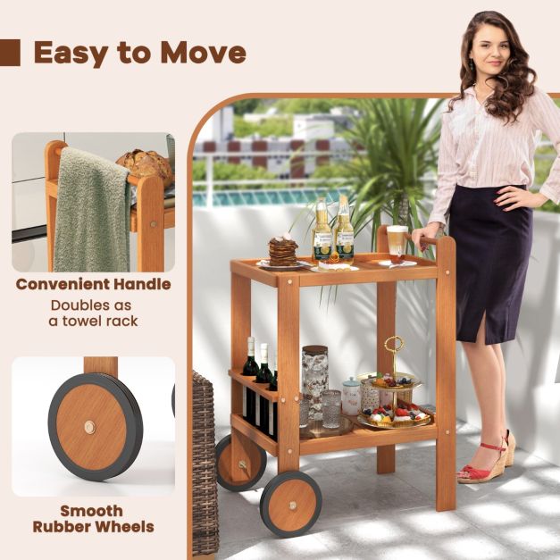 Indoor Outdoor Wood Bar Cart with Wine Bottle Holders and 2 Rubber Wheels - TidySpaces