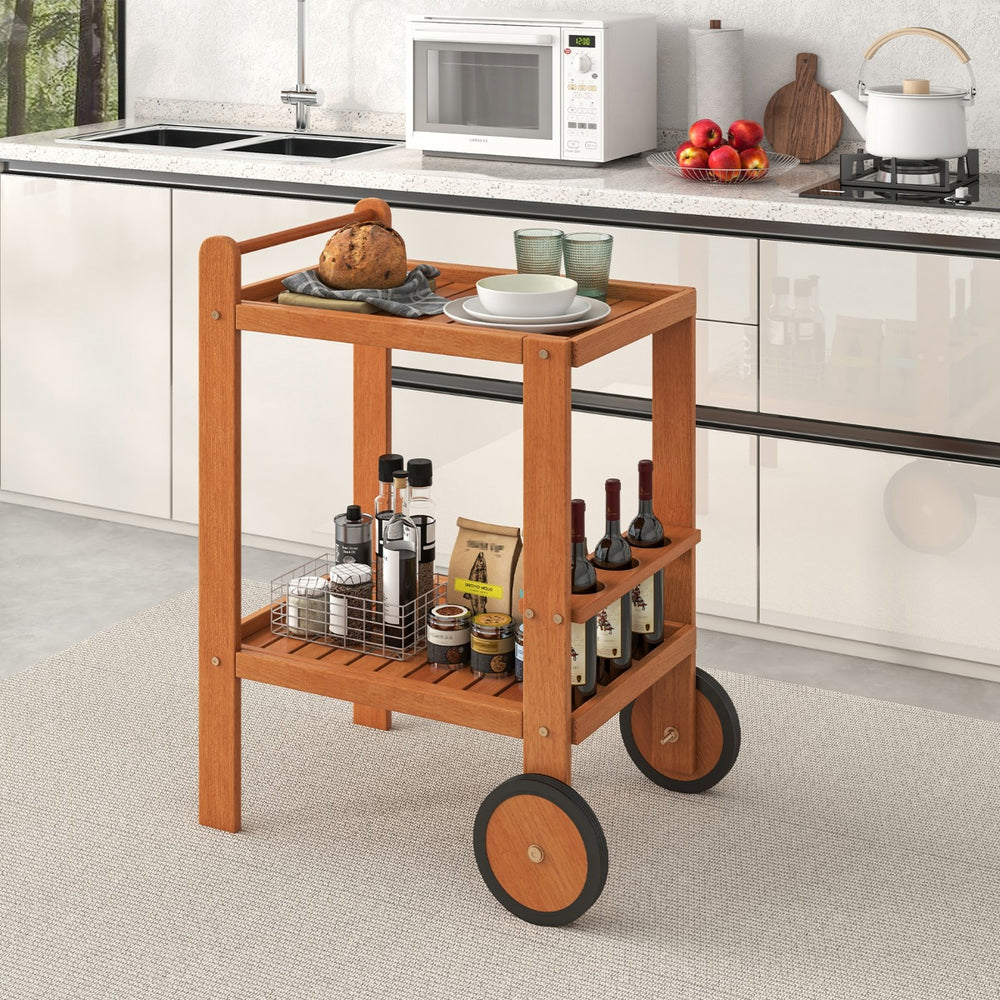 Indoor Outdoor Wood Bar Cart with Wine Bottle Holders and 2 Rubber Wheels - TidySpaces
