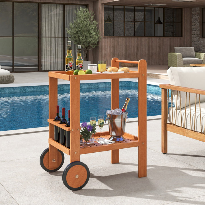 Indoor Outdoor Wood Bar Cart with Wine Bottle Holders and 2 Rubber Wheels - TidySpaces