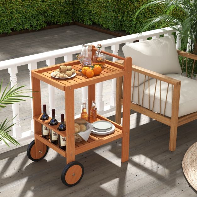 Indoor Outdoor Wood Bar Cart with Wine Bottle Holders and 2 Rubber Wheels - TidySpaces