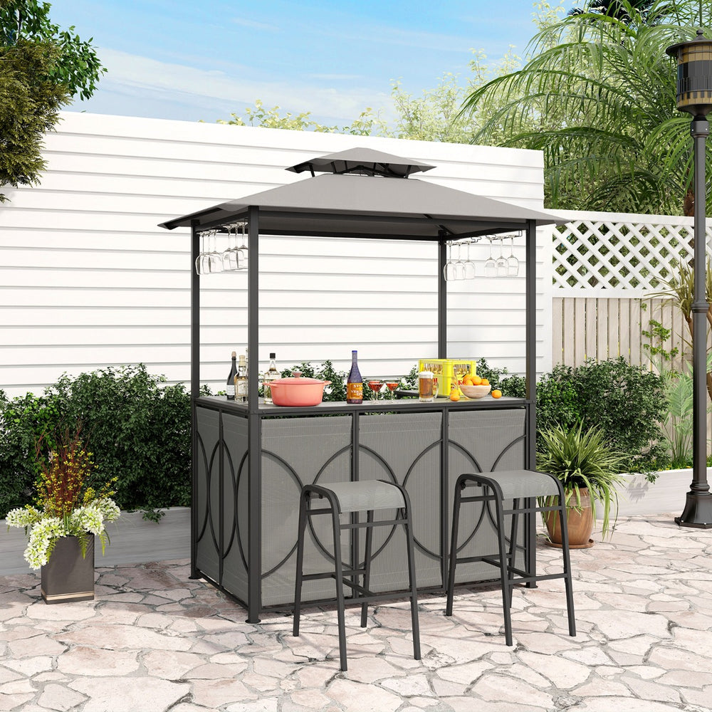 Grill Gazebo and 2 Bar Stools with Tempered Glass Bar Table for Patio Poolside Garden - TidySpaces