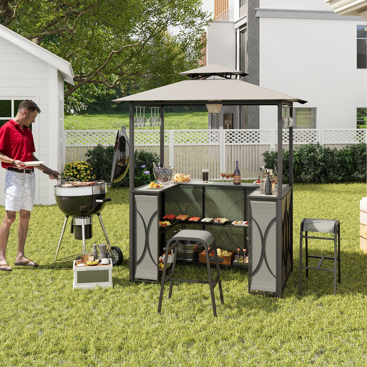 Grill Gazebo and 2 Bar Stools with Tempered Glass Bar Table for Patio Poolside Garden - TidySpaces