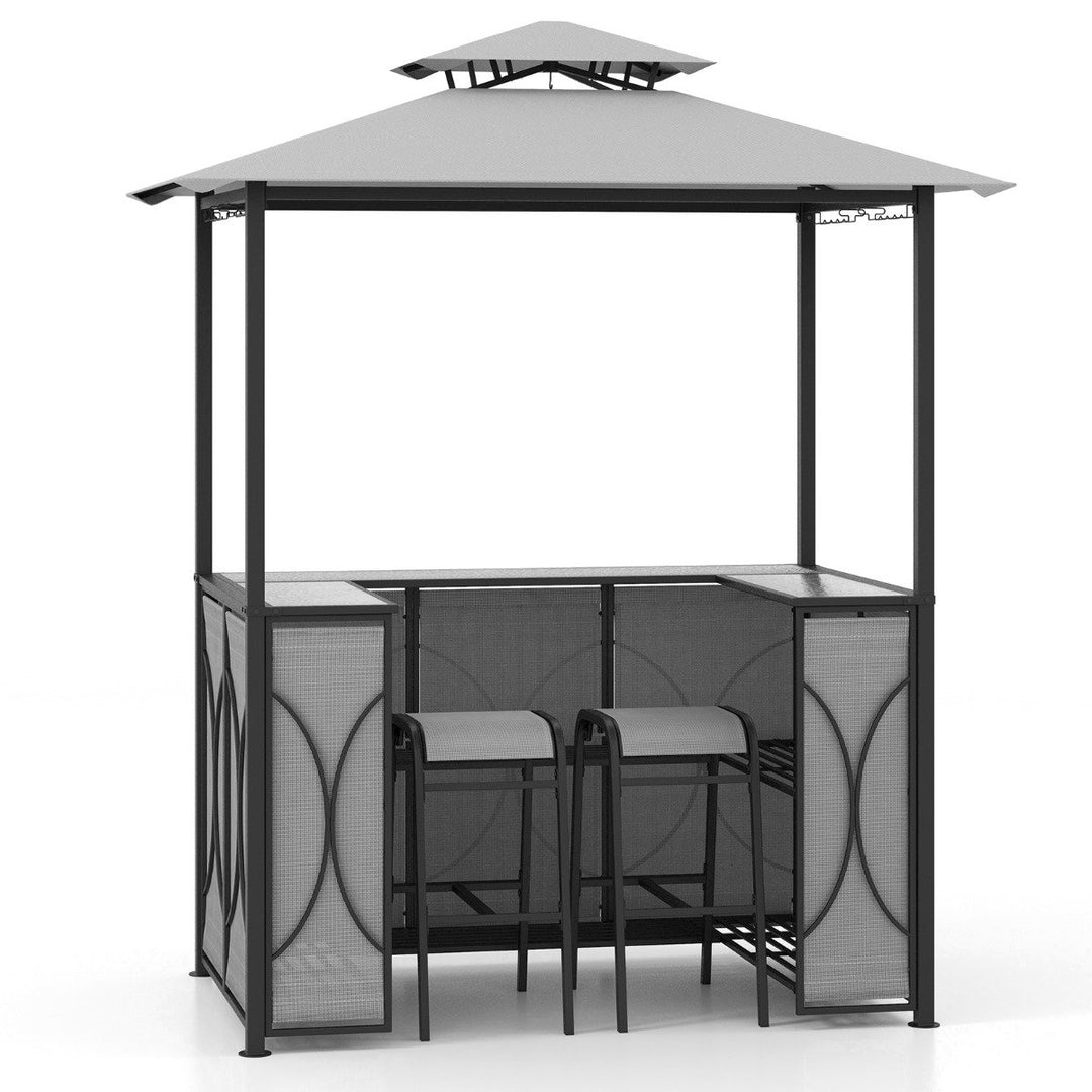 Grill Gazebo and 2 Bar Stools with Tempered Glass Bar Table for Patio Poolside Garden Grey - TidySpaces