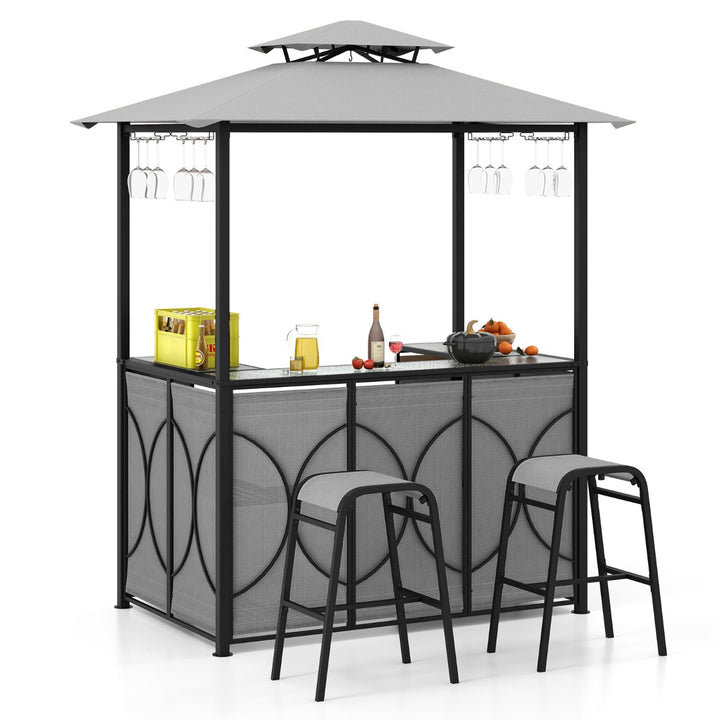 Grill Gazebo and 2 Bar Stools with Tempered Glass Bar Table for Patio Poolside Garden - TidySpaces