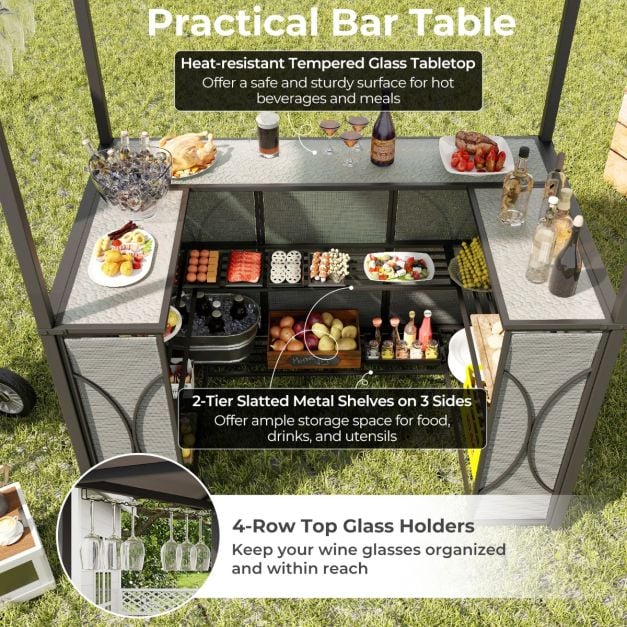Grill Gazebo and 2 Bar Stools with Tempered Glass Bar Table for Patio Poolside Garden