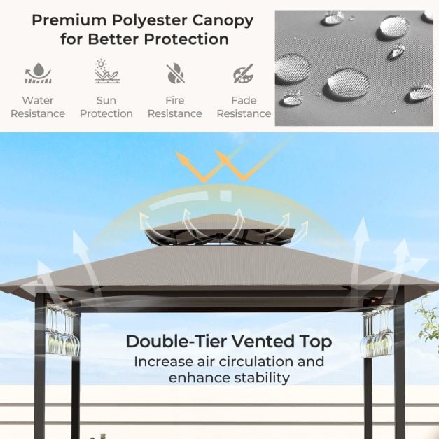 Grill Gazebo and 2 Bar Stools with Tempered Glass Bar Table for Patio Poolside Garden