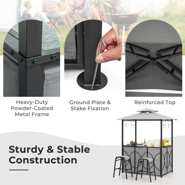 Grill Gazebo and 2 Bar Stools with Tempered Glass Bar Table for Patio Poolside Garden