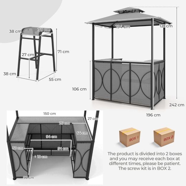 Grill Gazebo and 2 Bar Stools with Tempered Glass Bar Table for Patio Poolside Garden
