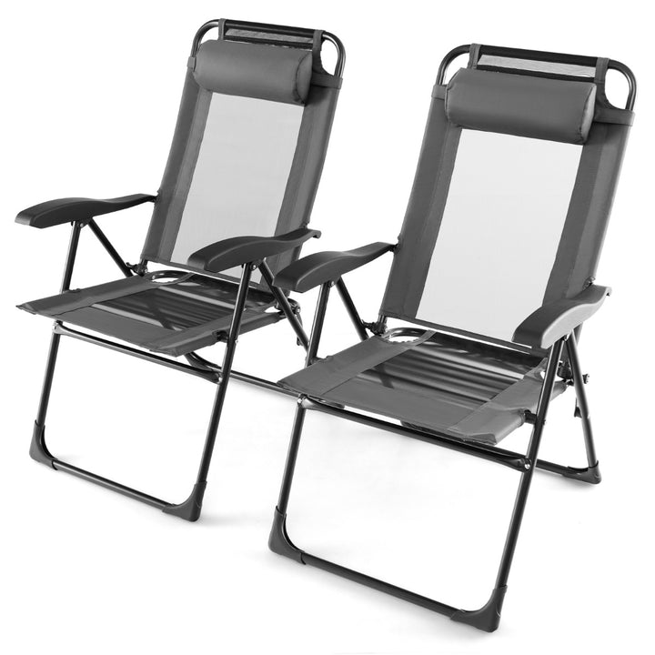 Patio Folding Chairs Set of 2 with Wide Armrests and 7-Level Backrest for Camping Backyard Garden-Grey - TidySpaces
