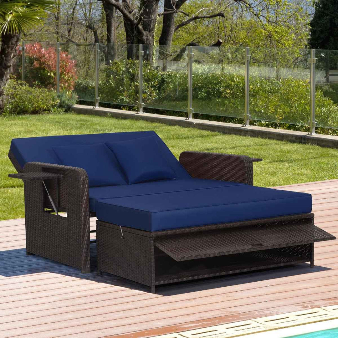 Patio Wicker Loveseat Sofa with Multipurpose Ottoman and Retractable Side Tray