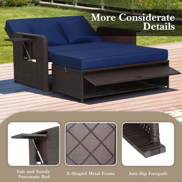 Patio Wicker Loveseat Sofa with Multipurpose Ottoman and Retractable Side Tray