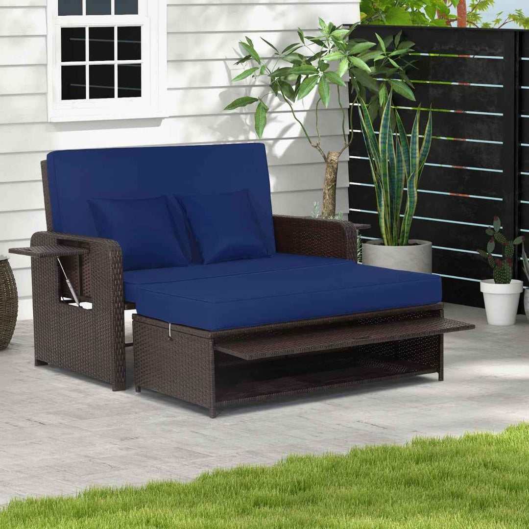 Patio Wicker Loveseat Sofa with Multipurpose Ottoman and Retractable Side Tray