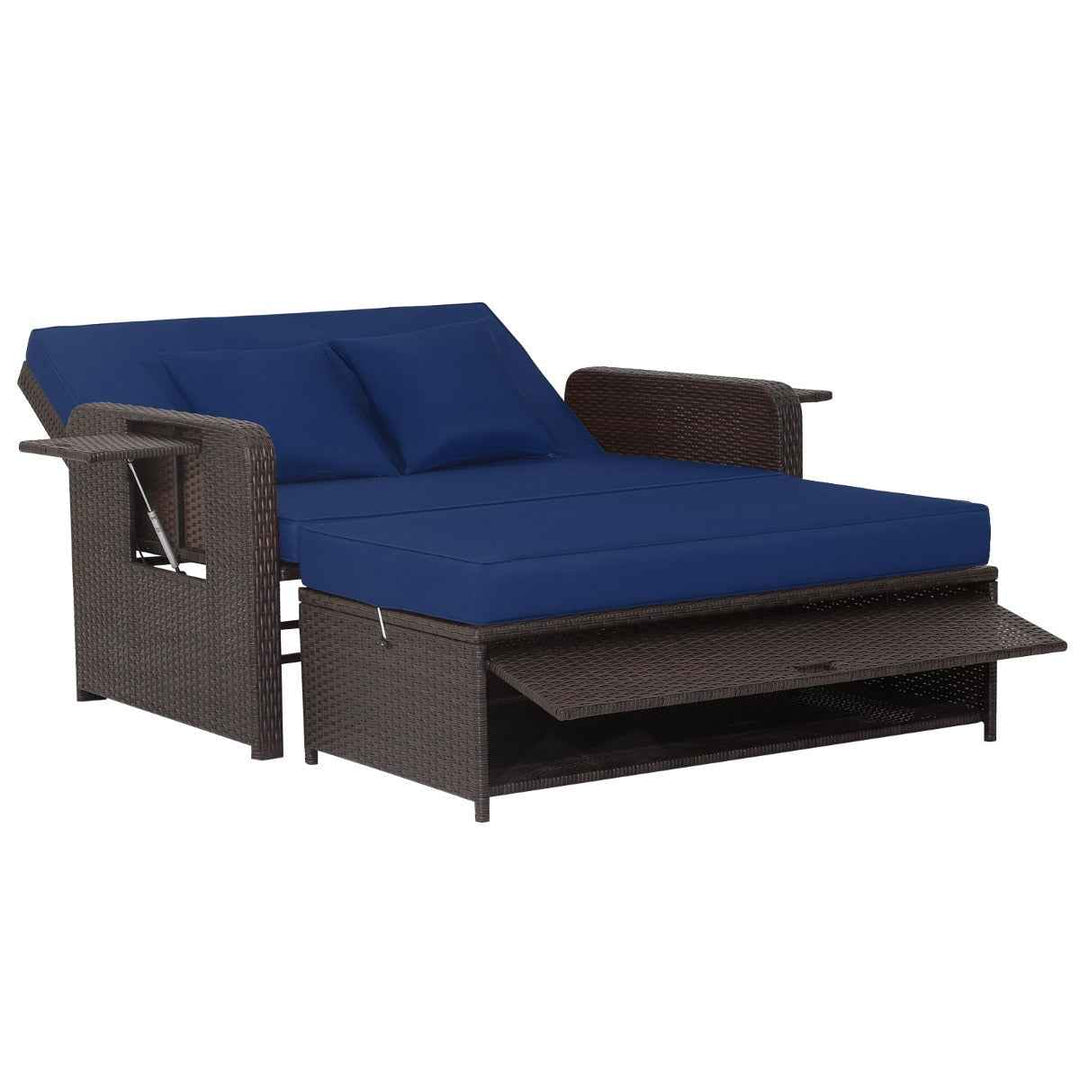 Patio Wicker Loveseat Sofa with Multipurpose Ottoman and Retractable Side Tray