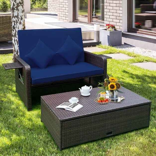 Patio Wicker Loveseat Sofa with Multipurpose Ottoman and Retractable Side Tray