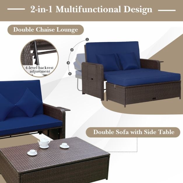 Patio Wicker Loveseat Sofa with Multipurpose Ottoman and Retractable Side Tray