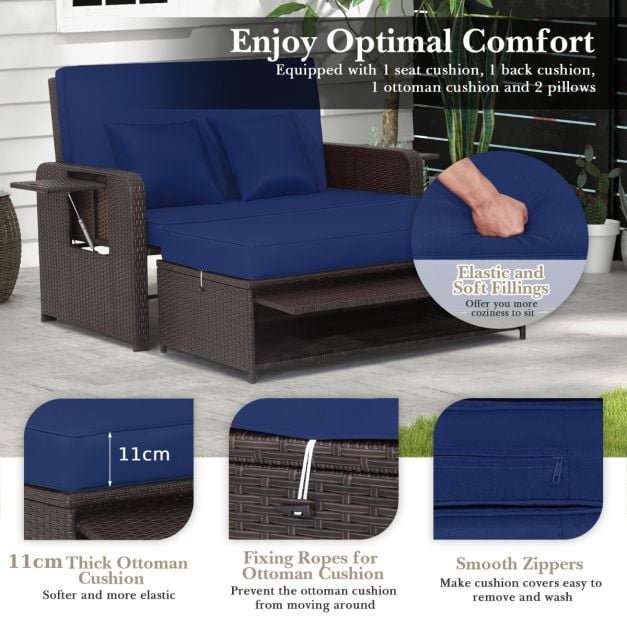 Patio Wicker Loveseat Sofa with Multipurpose Ottoman and Retractable Side Tray