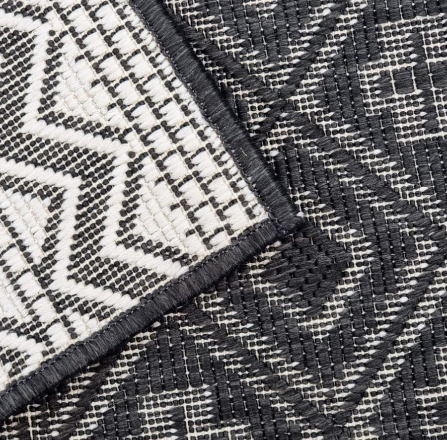 Outdoor Indoor Rug Black White Cream Reversible Quality Mat Diamond Geometric Design