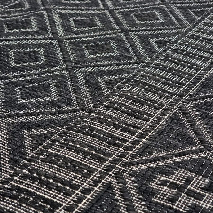 Outdoor Indoor Rug Black White Cream Reversible Quality Mat Diamond Geometric Design