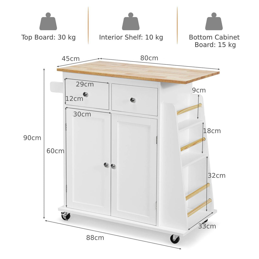 Kitchen Island with Rubber Wood Countertop and Storage on Wheels - TidySpaces