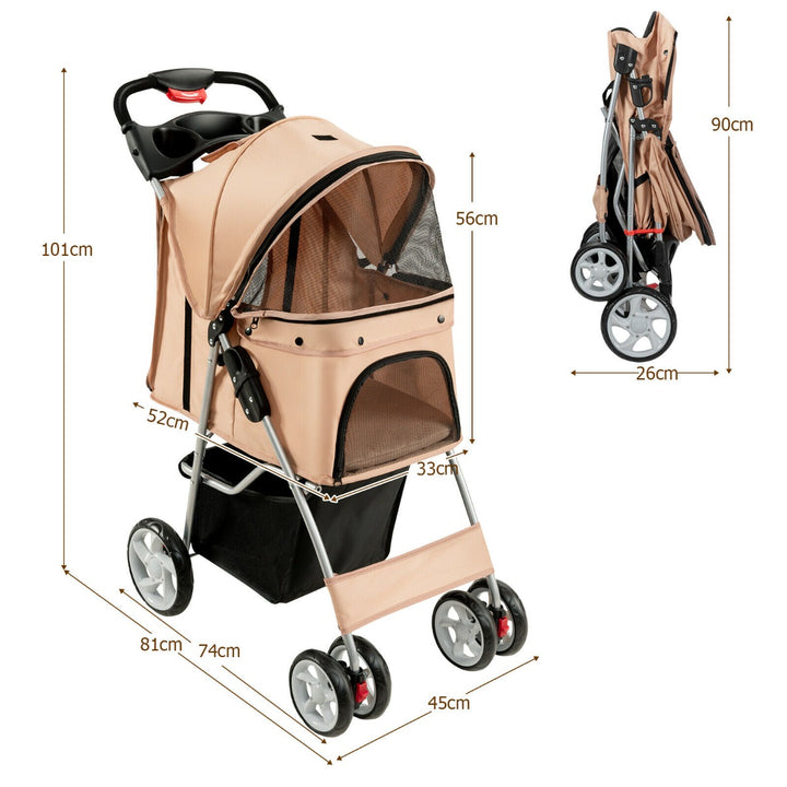 4 Wheel Folding Pet Stroller with Storage Basket and Adjustable Canopy