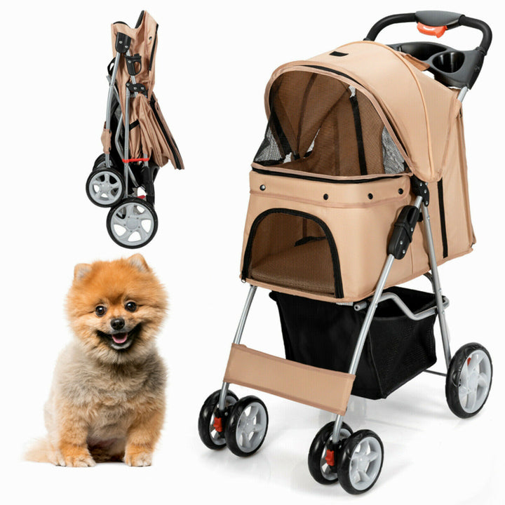 4 Wheel Folding Pet Stroller with Storage Basket and Adjustable Canopy