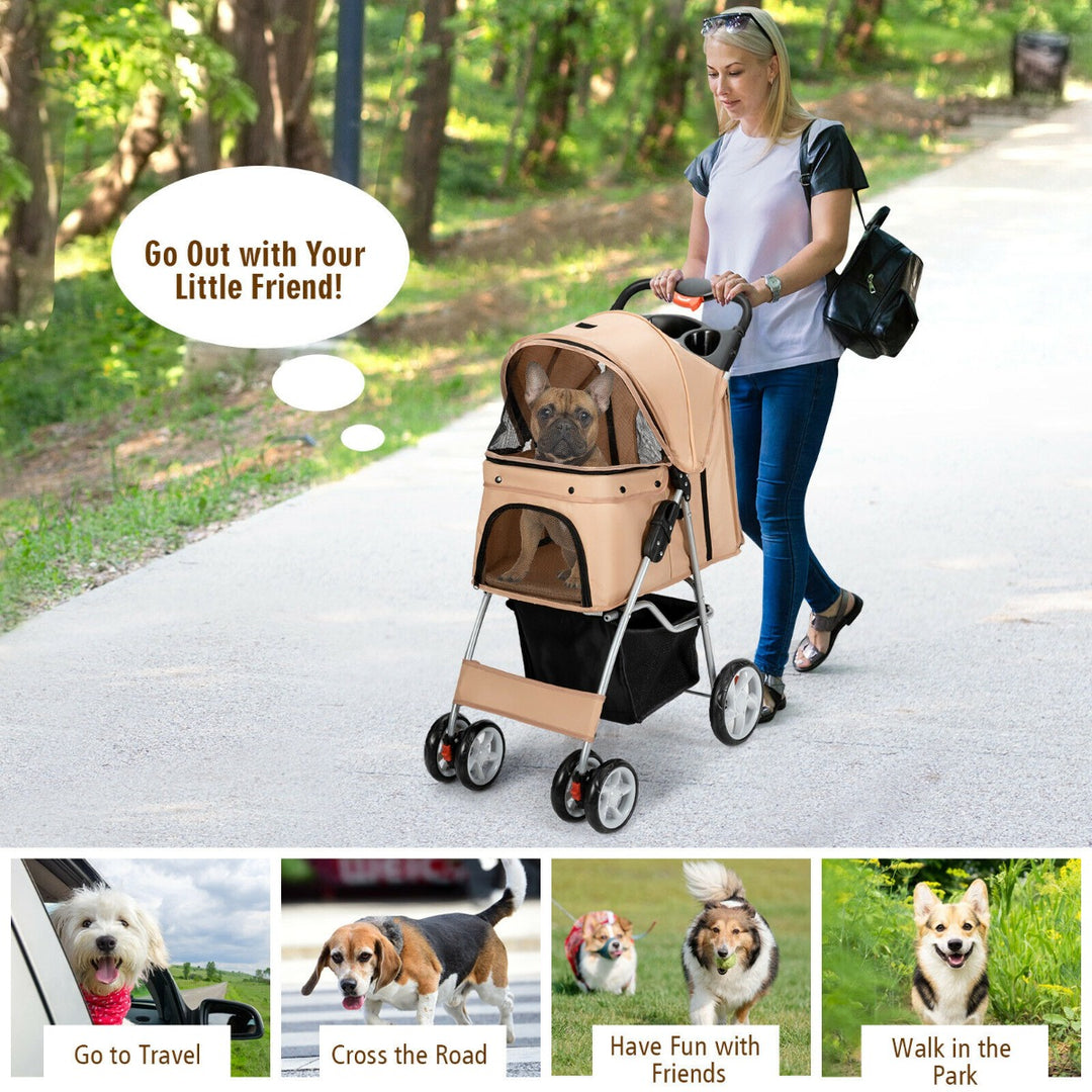 4 Wheel Folding Pet Stroller with Storage Basket and Adjustable Canopy