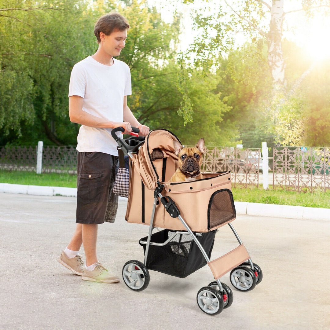 4 Wheel Folding Pet Stroller with Storage Basket and Adjustable Canopy