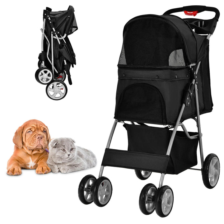 4 Wheel Folding Pet Stroller with Storage Basket and Adjustable Canopy