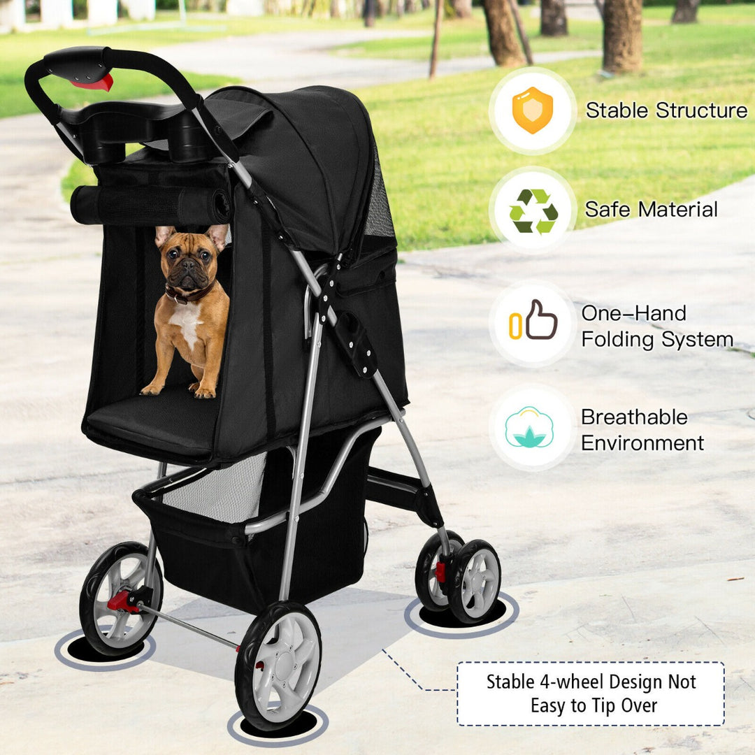 4 Wheel Folding Pet Stroller with Storage Basket and Adjustable Canopy