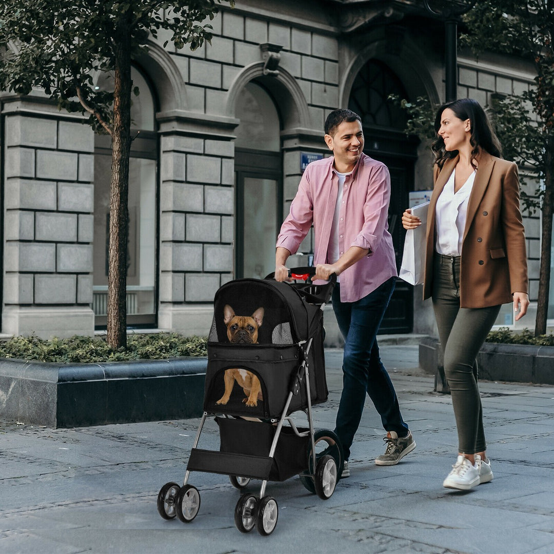 4 Wheel Folding Pet Stroller with Storage Basket and Adjustable Canopy