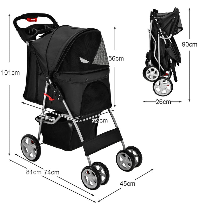 4 Wheel Folding Pet Stroller with Storage Basket and Adjustable Canopy