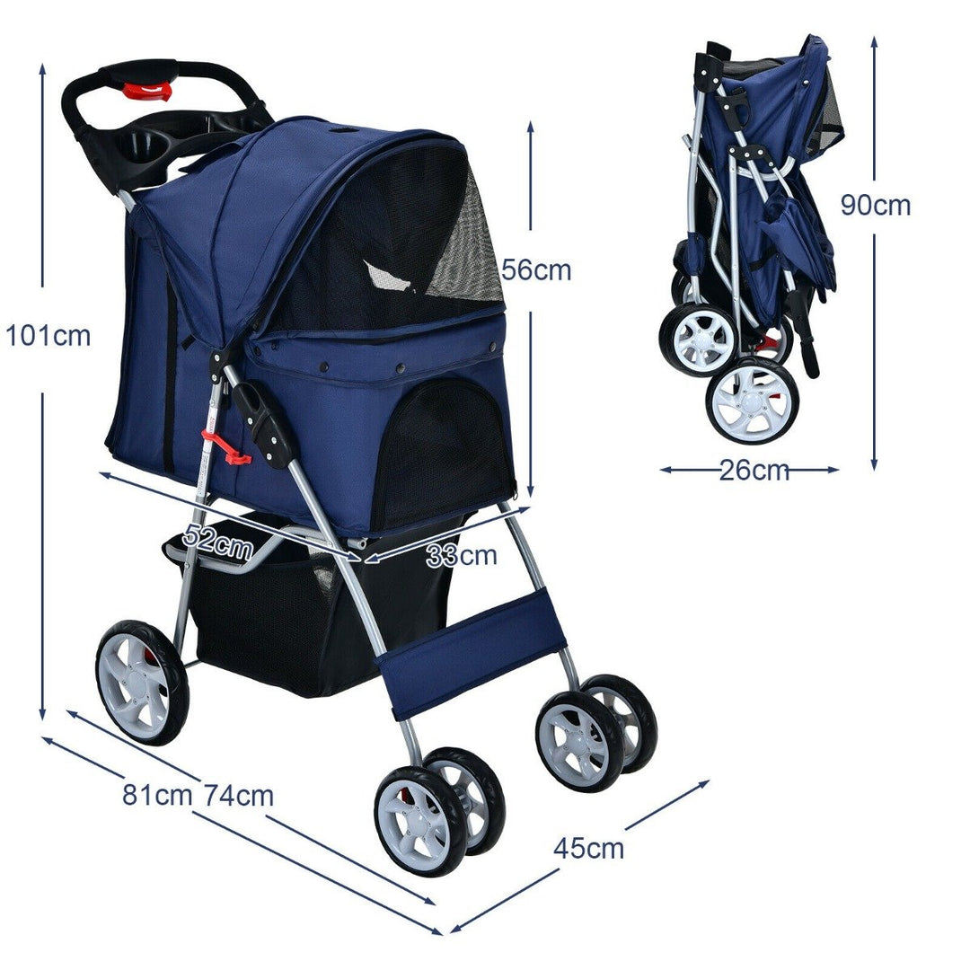 4 Wheel Folding Pet Stroller with Storage Basket and Adjustable Canopy