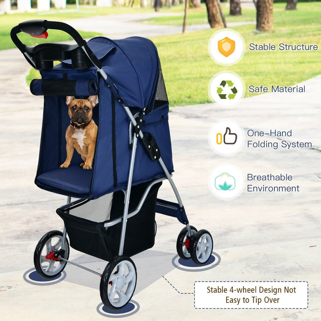 4 Wheel Folding Pet Stroller with Storage Basket and Adjustable Canopy