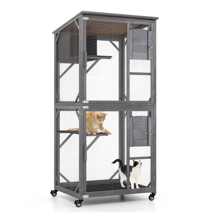 182 cm Tall Outdoor Catio Kitten Enclosure with Weatherproof Asphalt Roof-Grey