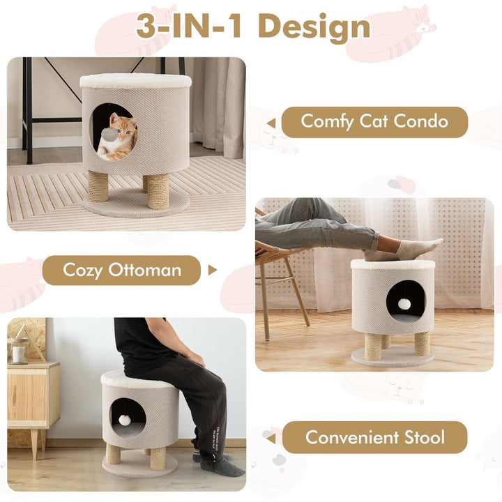 Cat Condo Stool for Indoor Cats with Scratching Posts and Plush Ball Toy