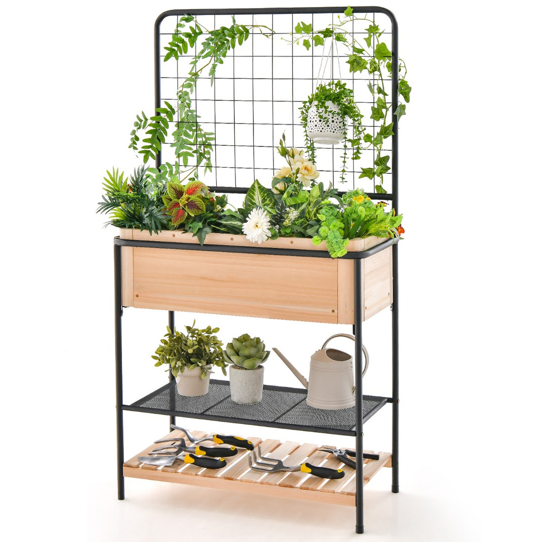 Raised Garden Bed with Trellis and 2-tier Storage Shelves-Natural
