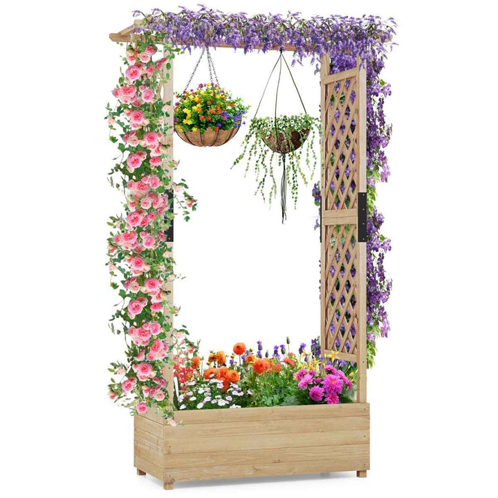 Raised Garden Bed Fir Wood Planter Box with 2-Sided Trellis and Hanging Roof