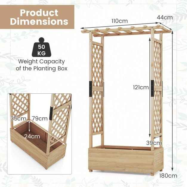 Raised Garden Bed Fir Wood Planter Box with 2-Sided Trellis and Hanging Roof