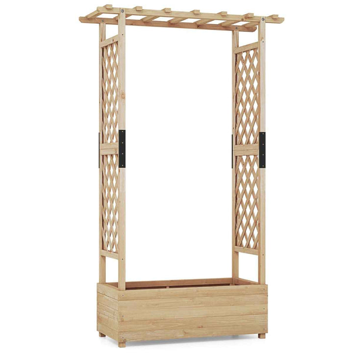 Raised Garden Bed Fir Wood Planter Box with 2-Sided Trellis and Hanging Roof