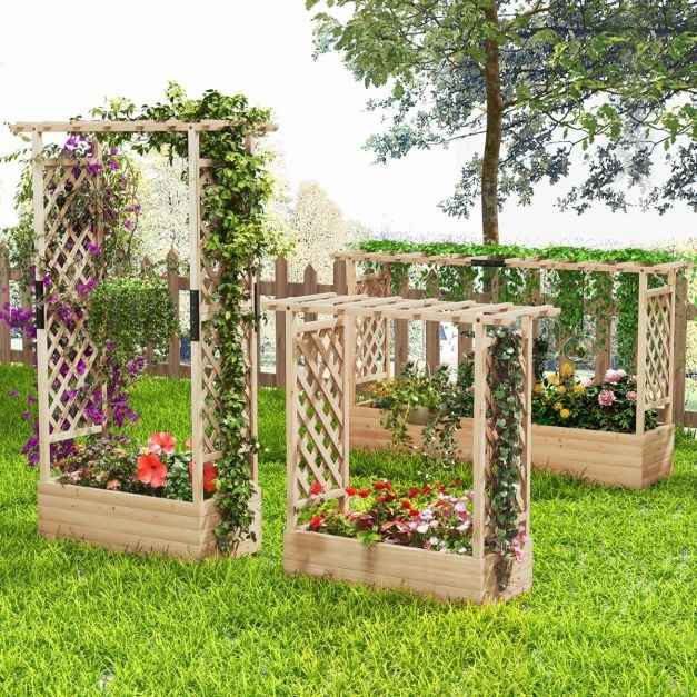 Raised Garden Bed Fir Wood Planter Box with 2-Sided Trellis and Hanging Roof