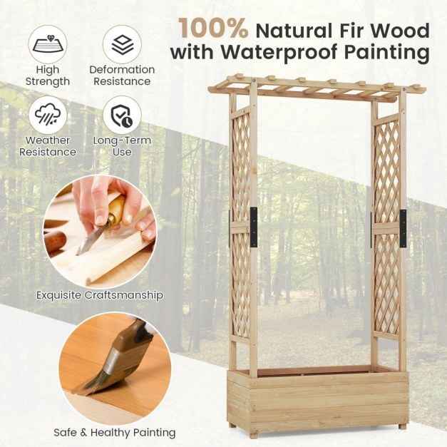 Raised Garden Bed Fir Wood Planter Box with 2-Sided Trellis and Hanging Roof