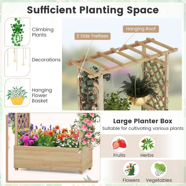 Raised Garden Bed Fir Wood Planter Box with 2-Sided Trellis and Hanging Roof