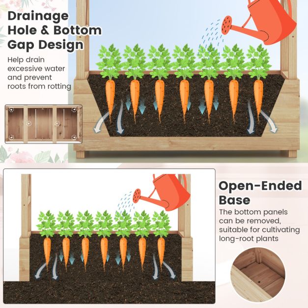 Raised Garden Bed Fir Wood Planter Box with 2-Sided Trellis and Hanging Roof