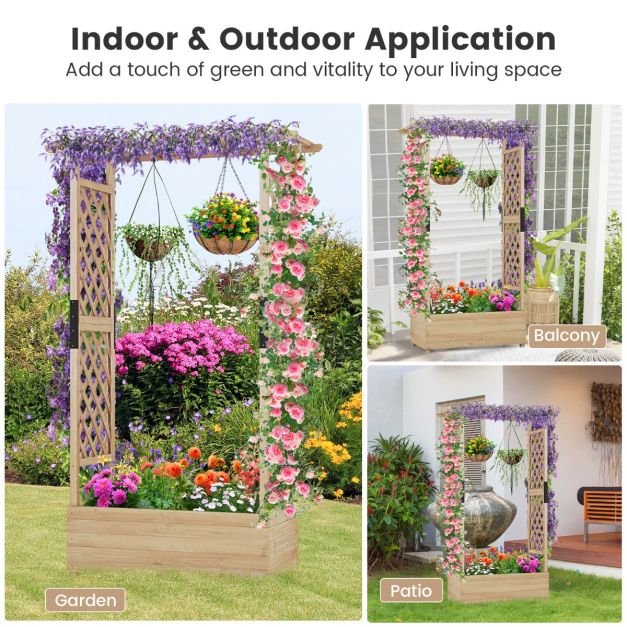 Raised Garden Bed Fir Wood Planter Box with 2-Sided Trellis and Hanging Roof