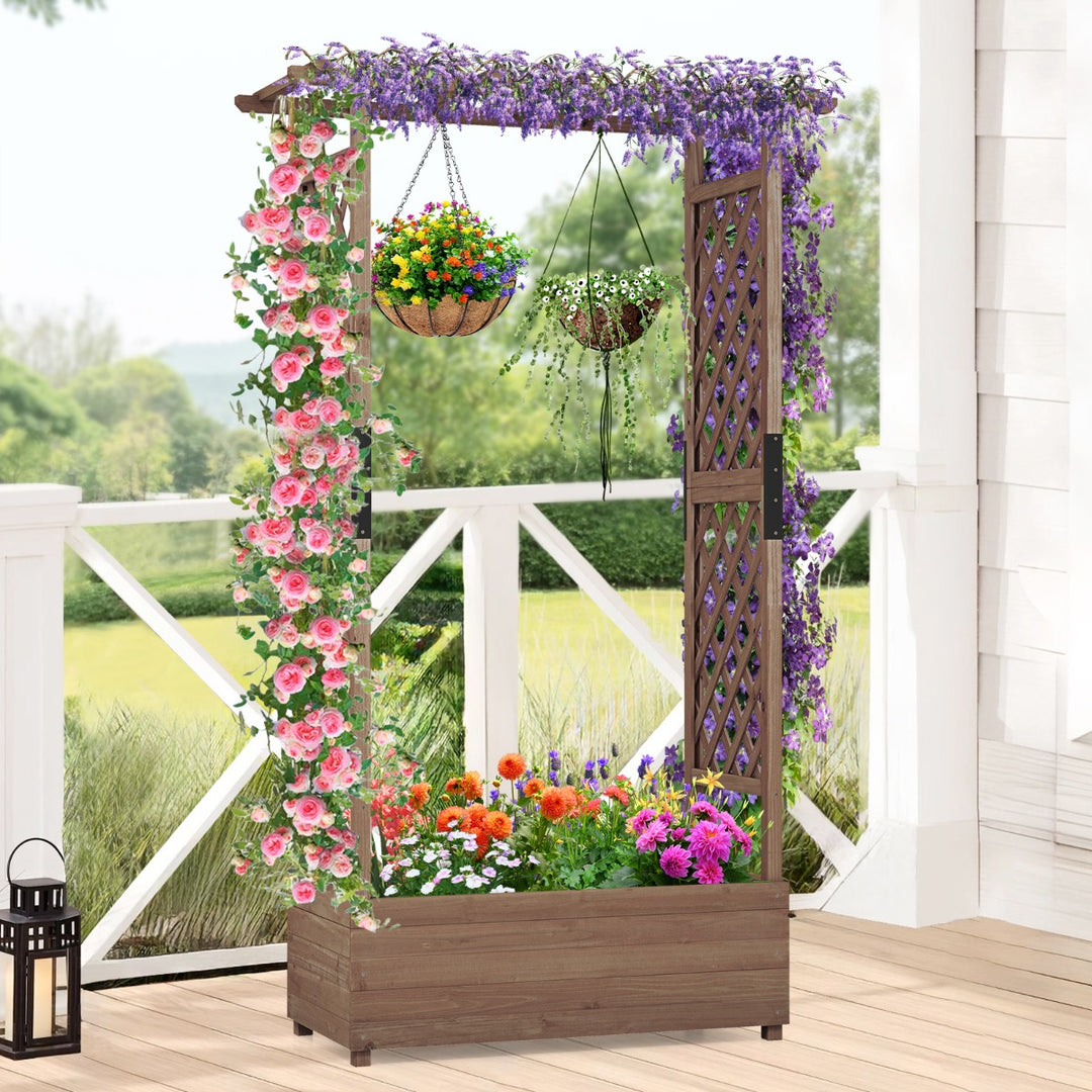 Raised Garden Bed Fir Wood Planter Box with 2-Sided Trellis and Hanging Roof