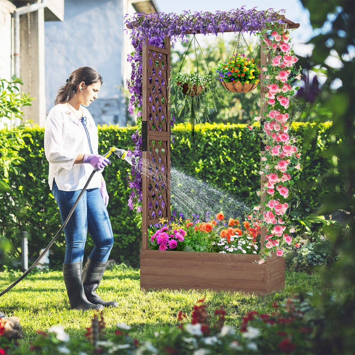 Raised Garden Bed Fir Wood Planter Box with 2-Sided Trellis and Hanging Roof