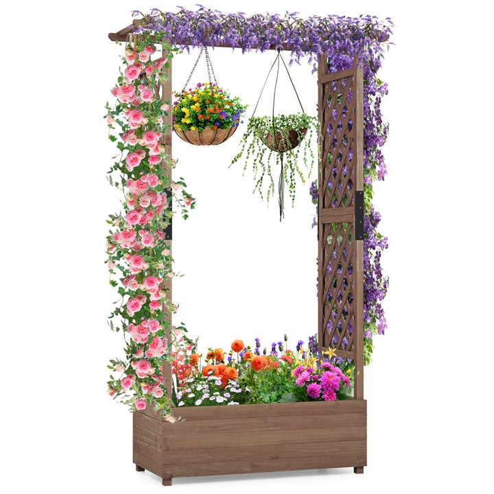 Raised Garden Bed Fir Wood Planter Box with 2-Sided Trellis and Hanging Roof