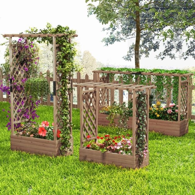 Raised Garden Bed Fir Wood Planter Box with 2-Sided Trellis and Hanging Roof